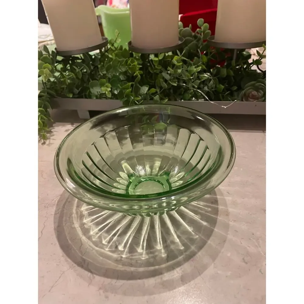 Vintage Hazel Atlas Ribbed Green Uranium Small bowl c1930 MCM 6.5x3” Glows
